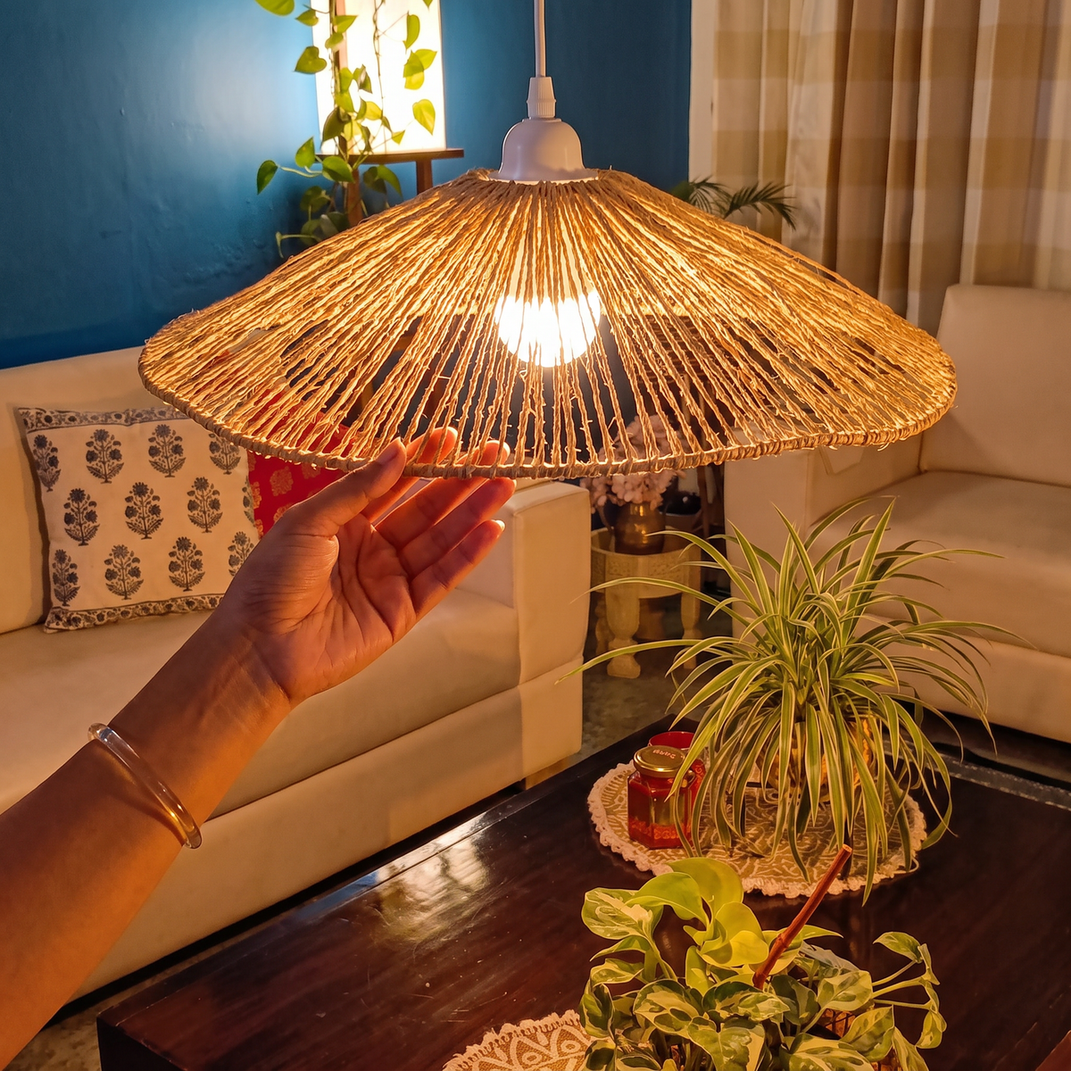 Greenkraft Petal Handcrafted Banana Fiber Lampshade for Home Decor, lit in a home in the evening, AI visual of the light, iTokri