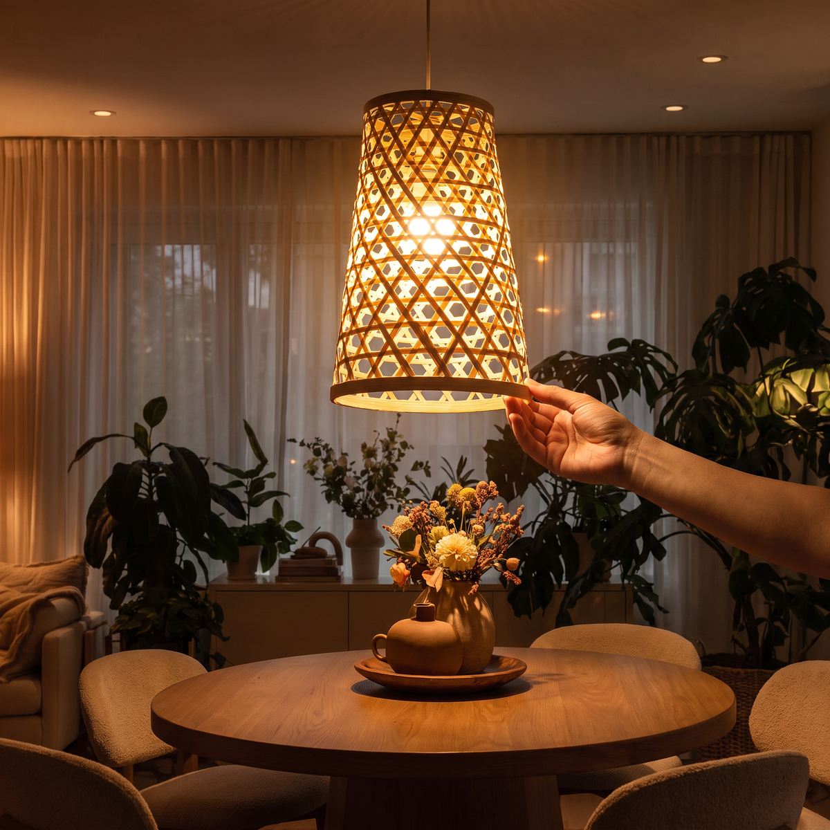 Greenkraft Velune Handcrafted Bamboo Lamp for Home Decor, lit in a home in the evening, AI visual of the light, iTokri