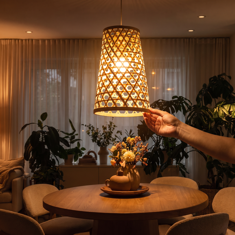 Greenkraft Velune Handcrafted Bamboo Lamp for Home Decor, lit in a home in the evening, AI visual of the light, iTokri