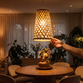 Greenkraft Velune Handcrafted Bamboo Lamp for Home Decor, lit in a home in the evening, AI visual of the light, iTokri