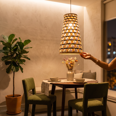 Greenkraft Velune Handcrafted Bamboo Lamp for Home Decor, lit in a home in the evening, AI visual of the light, iTokri