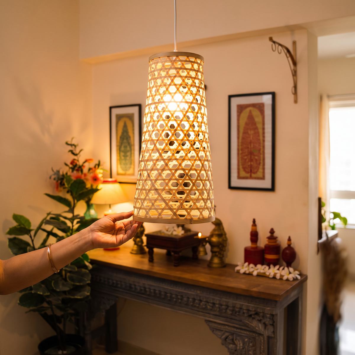 Greenkraft Velune Handcrafted Bamboo Lamp for Home Decor, lit in a home in the evening, AI visual of the light, iTokri