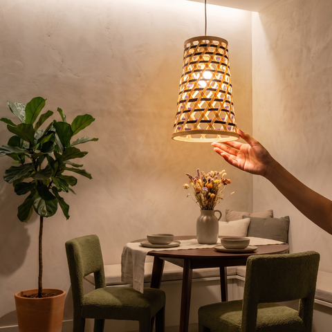 Greenkraft Velune Handcrafted Bamboo Lamp for Home Decor, lit in a home in the evening, AI visual of the light, iTokri