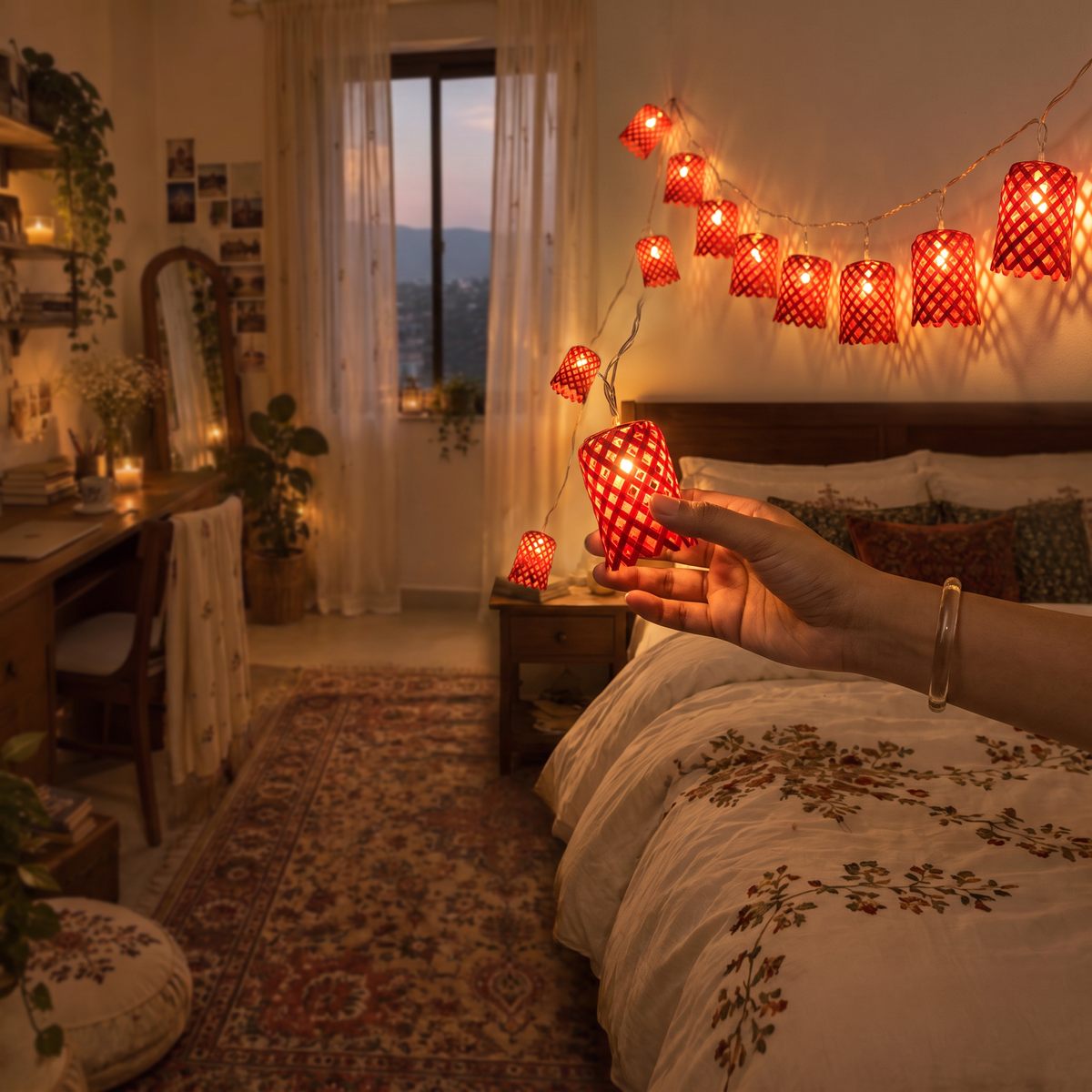 Greenkraft Vine Handcrafted Bamboo String Light (3M), lit in a home in the evening, AI visual of the light, iTokri