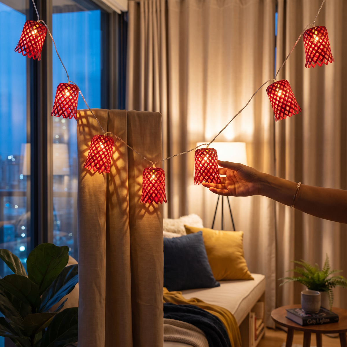 Greenkraft Vine Handcrafted Bamboo String Light (3M), lit in a home in the evening, AI visual of the light, iTokri
