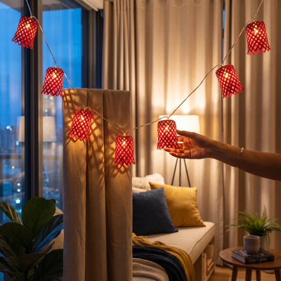 Greenkraft Vine Handcrafted Bamboo String Light (3M), lit in a home in the evening, AI visual of the light, iTokri