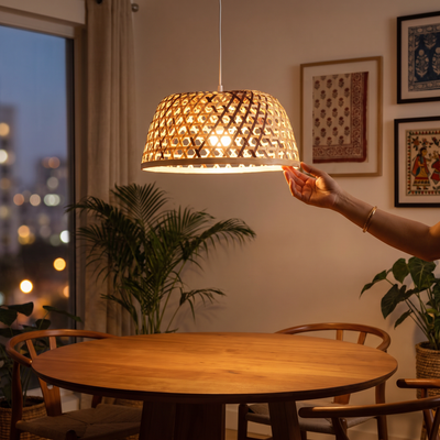 Greenkraft Zorel Handcrafted Bamboo Lampshade for Home Decor, lit in a home in the evening, AI visual of the light, iTokri