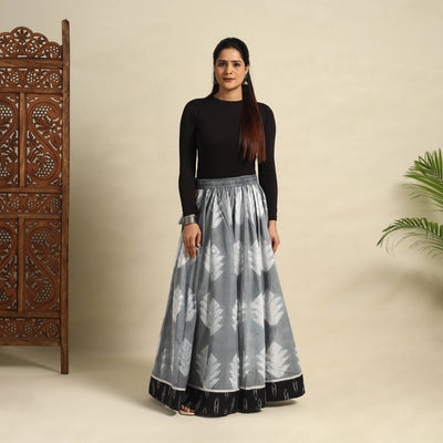 Grey - 24 Kali Shibori Tie-Dye Cotton Long Skirt with Ikat Border 12