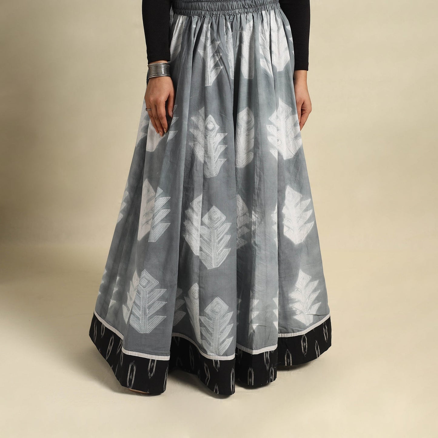 Grey - 24 Kali Shibori Tie-Dye Cotton Long Skirt with Ikat Border 12