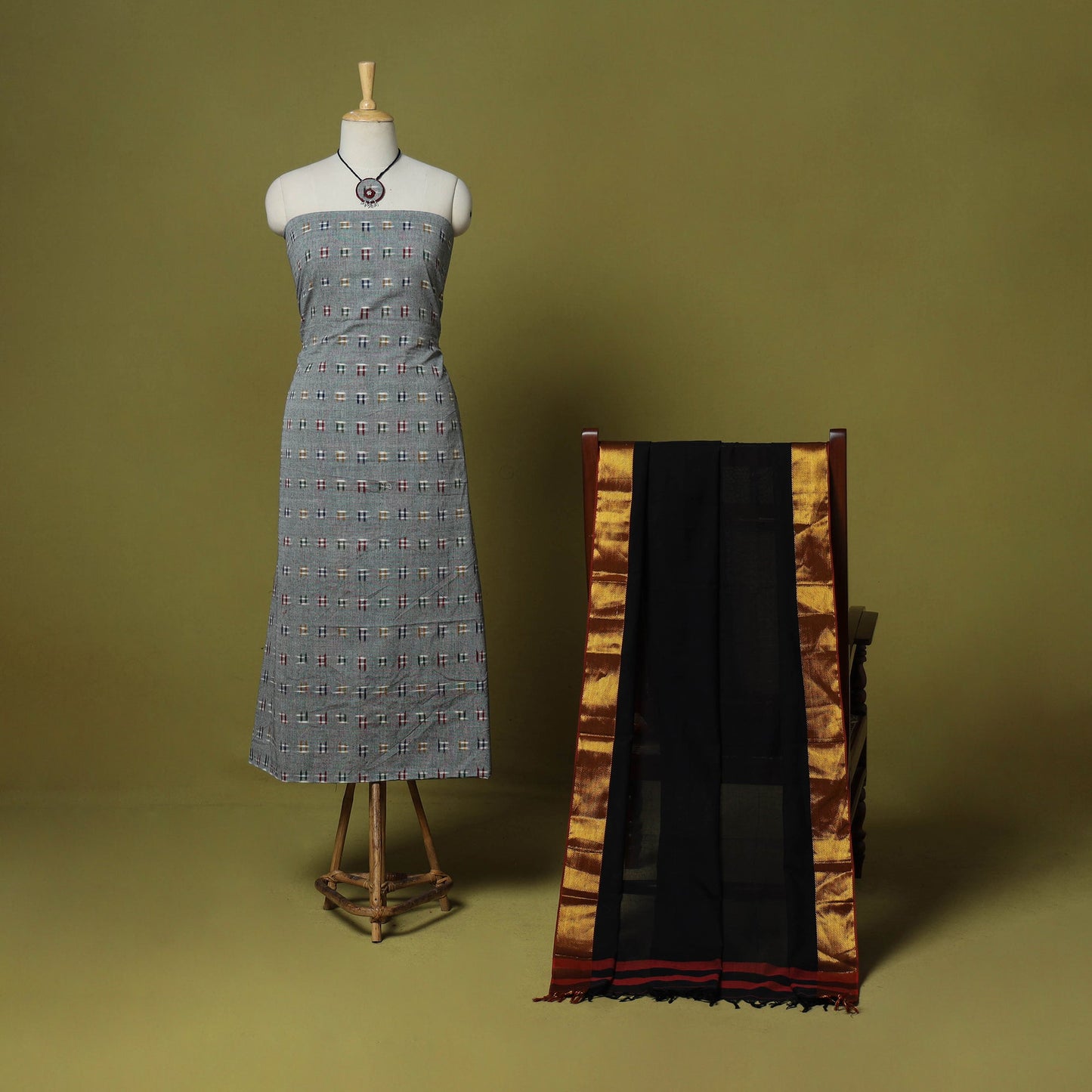 Grey - 2pc cotton unstitched pochampally double ikat dress