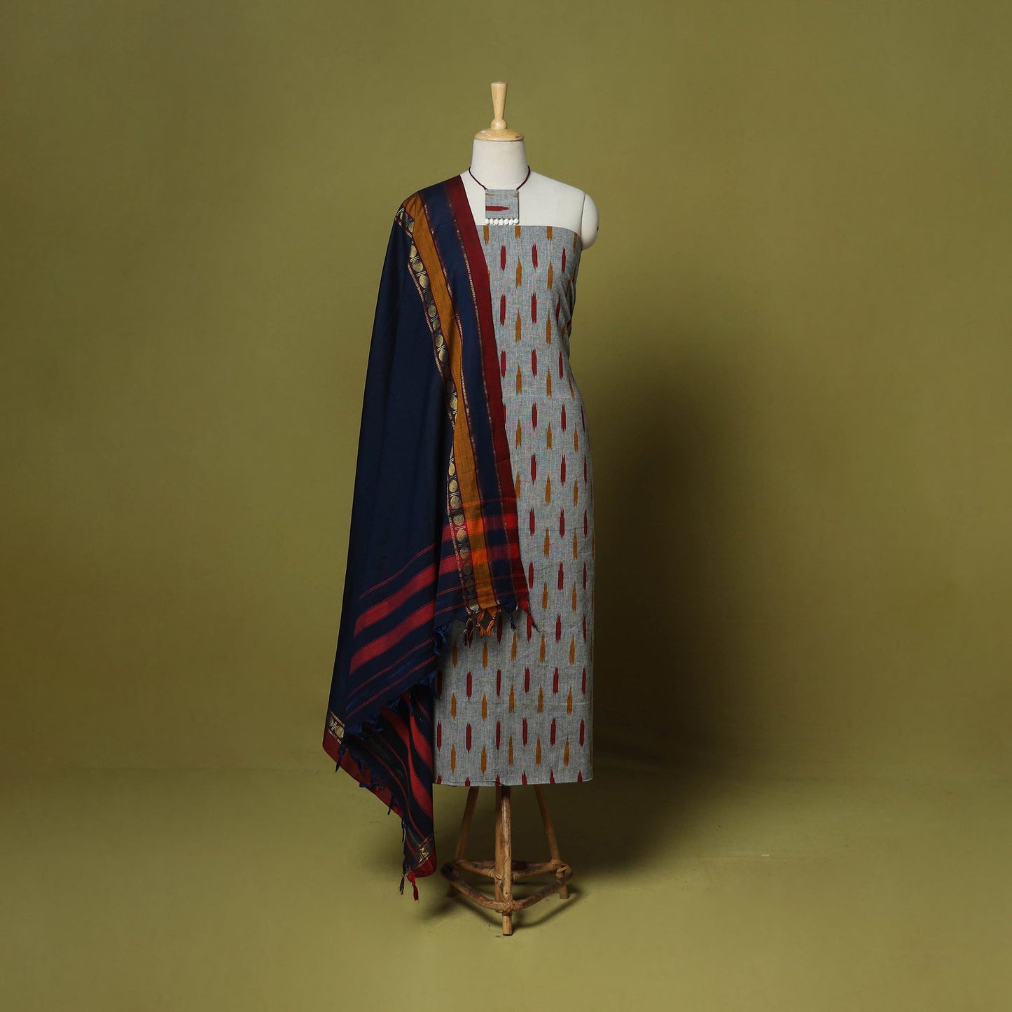 Grey - 2pc cotton unstitched pochampally ikat dress