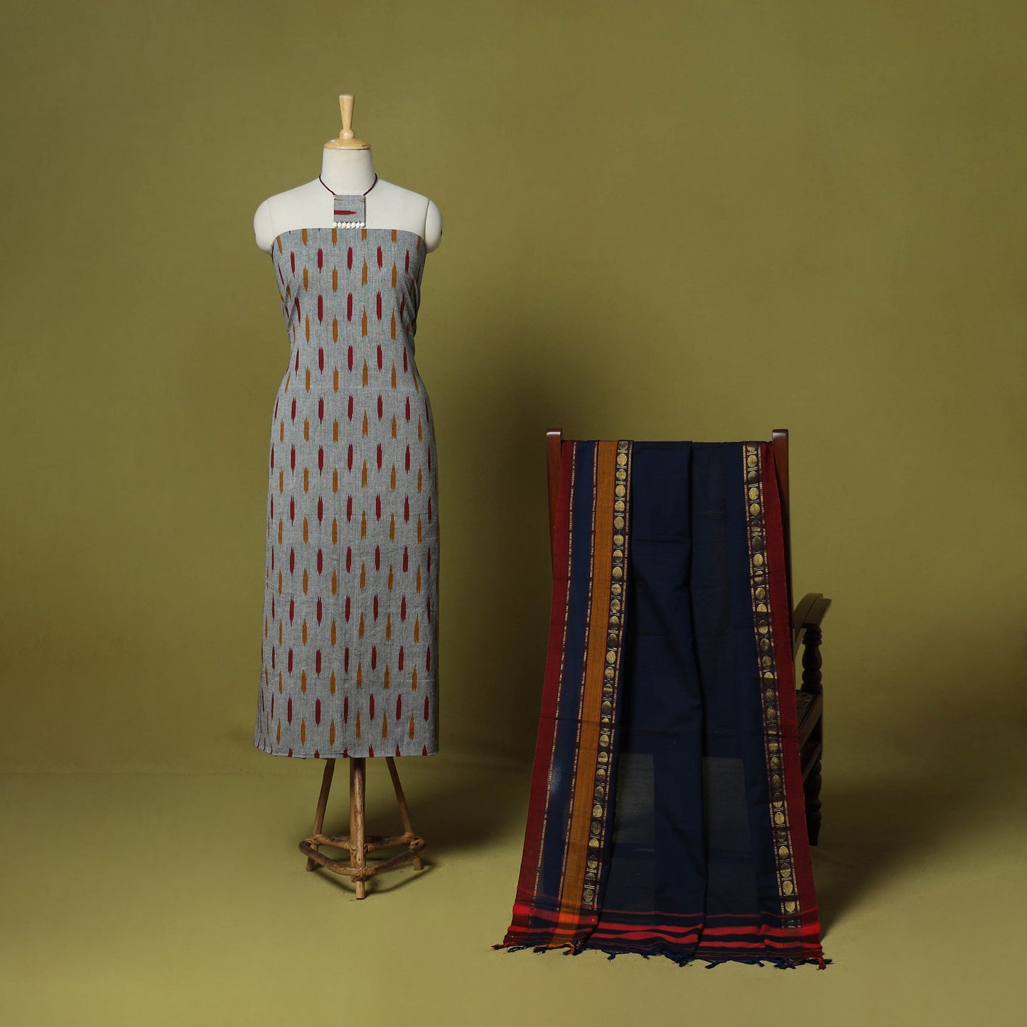 Grey - 2pc cotton unstitched pochampally ikat dress