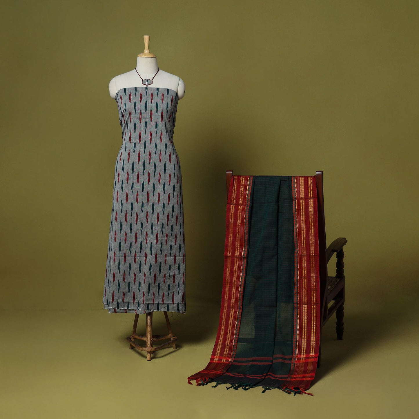 Grey - 2pc cotton unstitched pochampally ikat dress