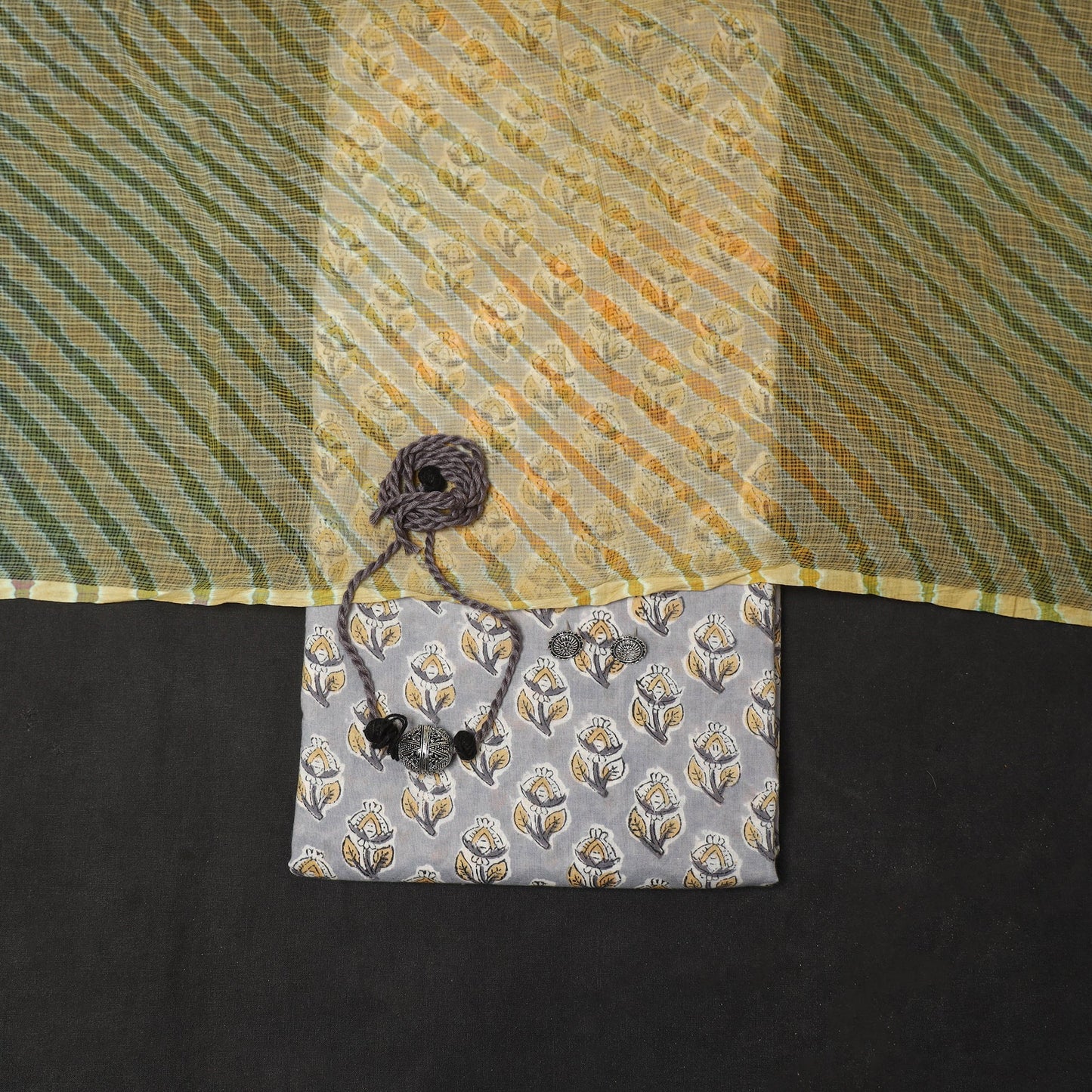 Grey - 2pc cotton unstitched sanganeri dress material