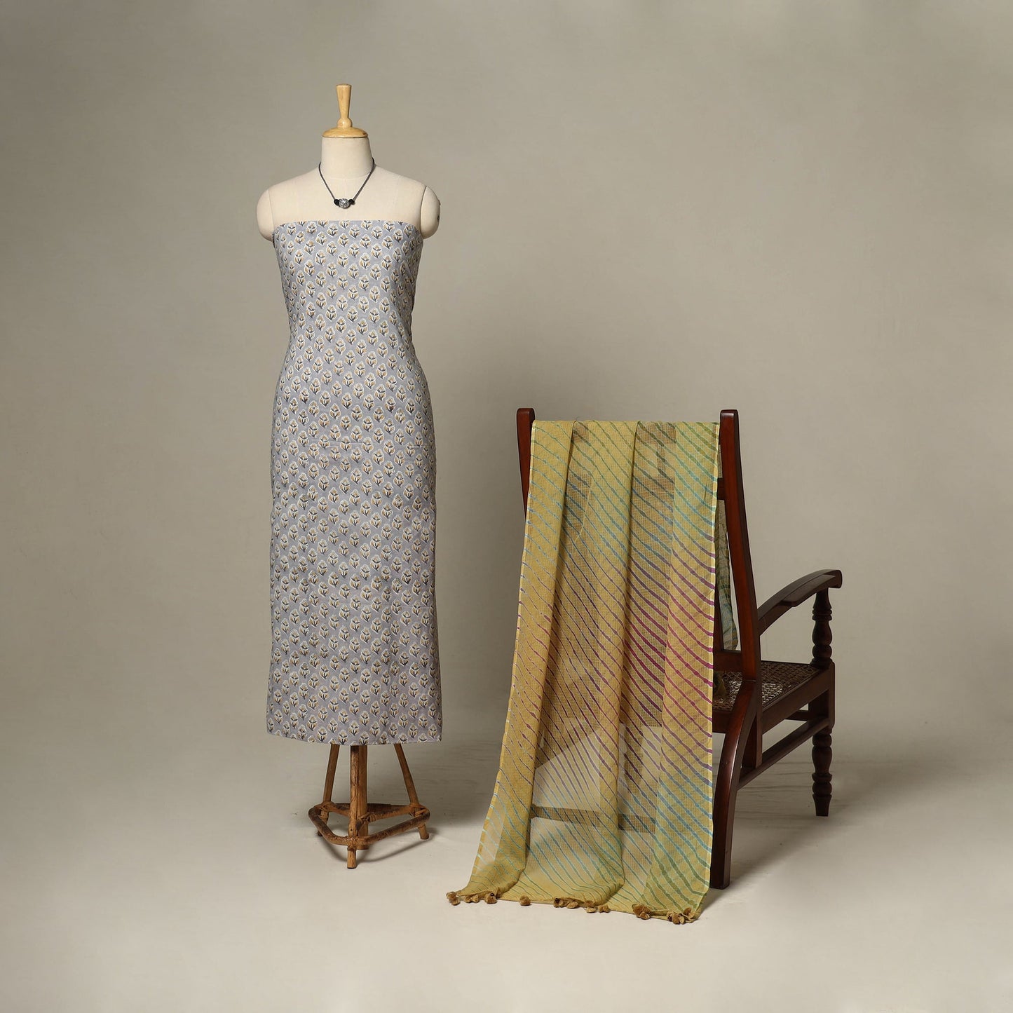 Grey - 2pc cotton unstitched sanganeri dress material