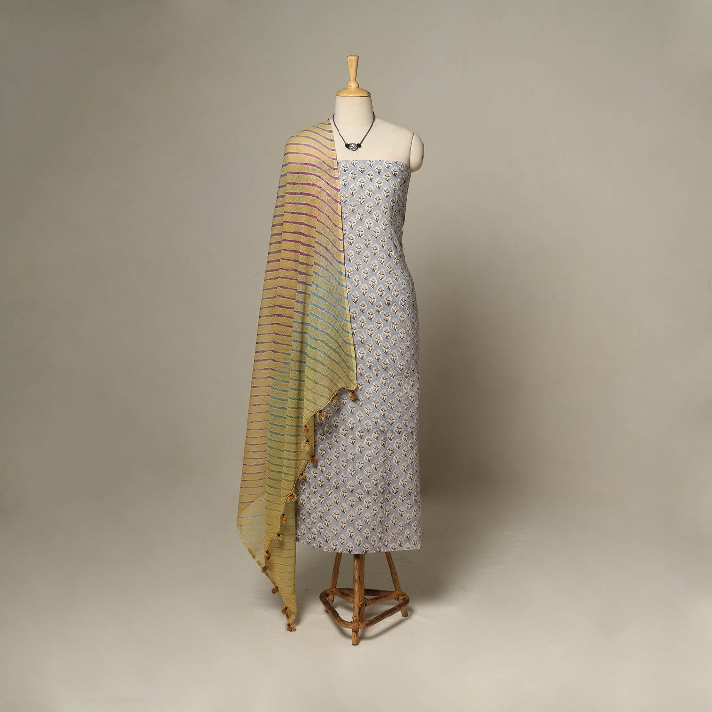 Grey - 2pc cotton unstitched sanganeri dress material