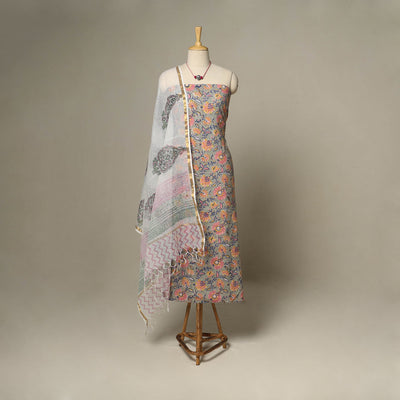 Grey - 2pc cotton unstitched sanganeri dress material