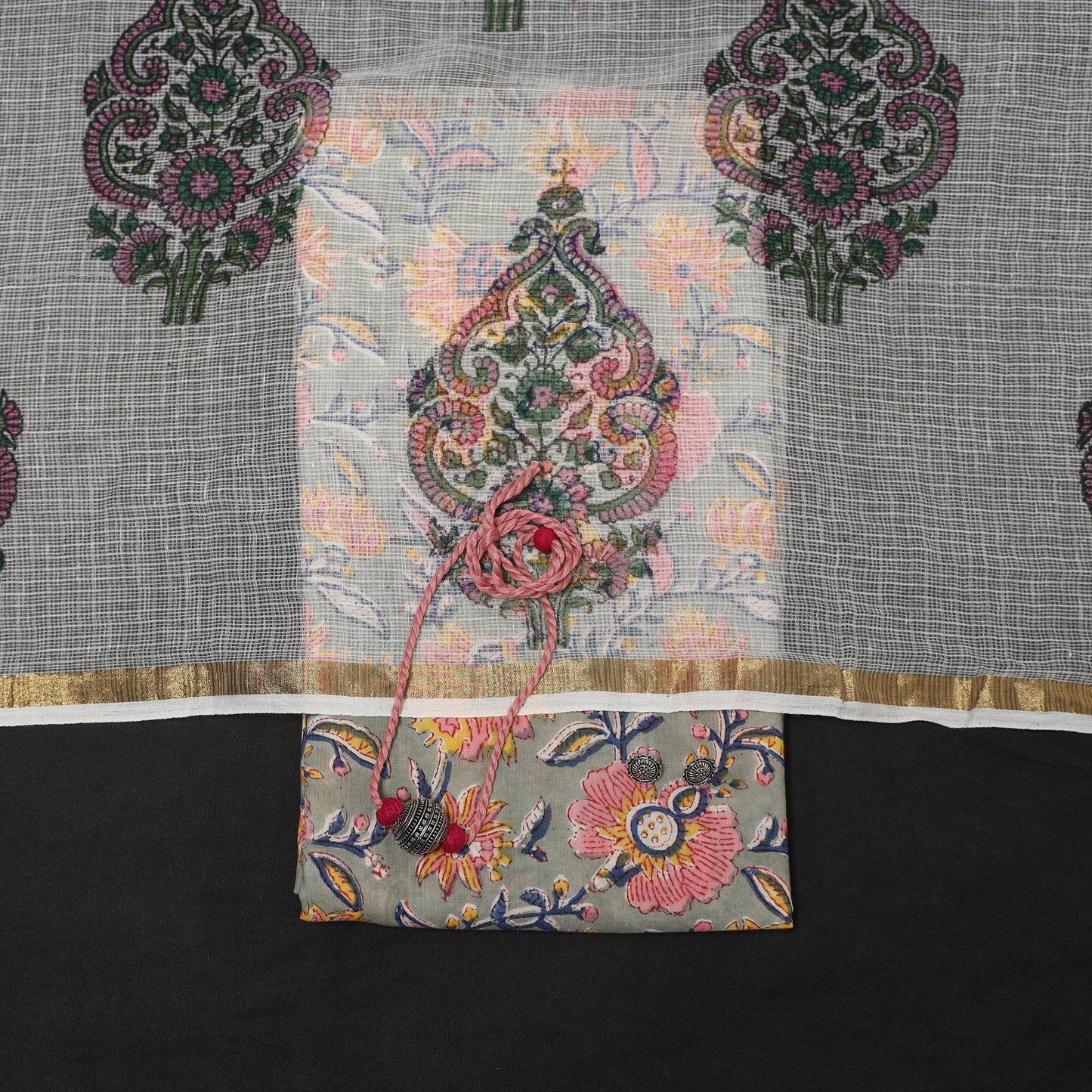 Grey - 2pc cotton unstitched sanganeri dress material