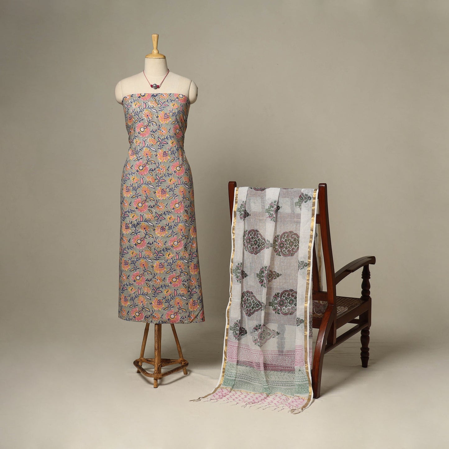 Grey - 2pc cotton unstitched sanganeri dress material