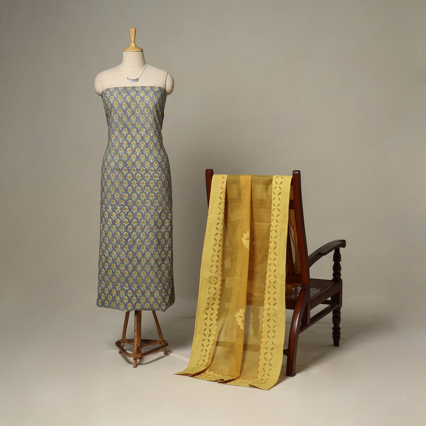 Grey - 2pc cotton unstitched sanganeri dress material