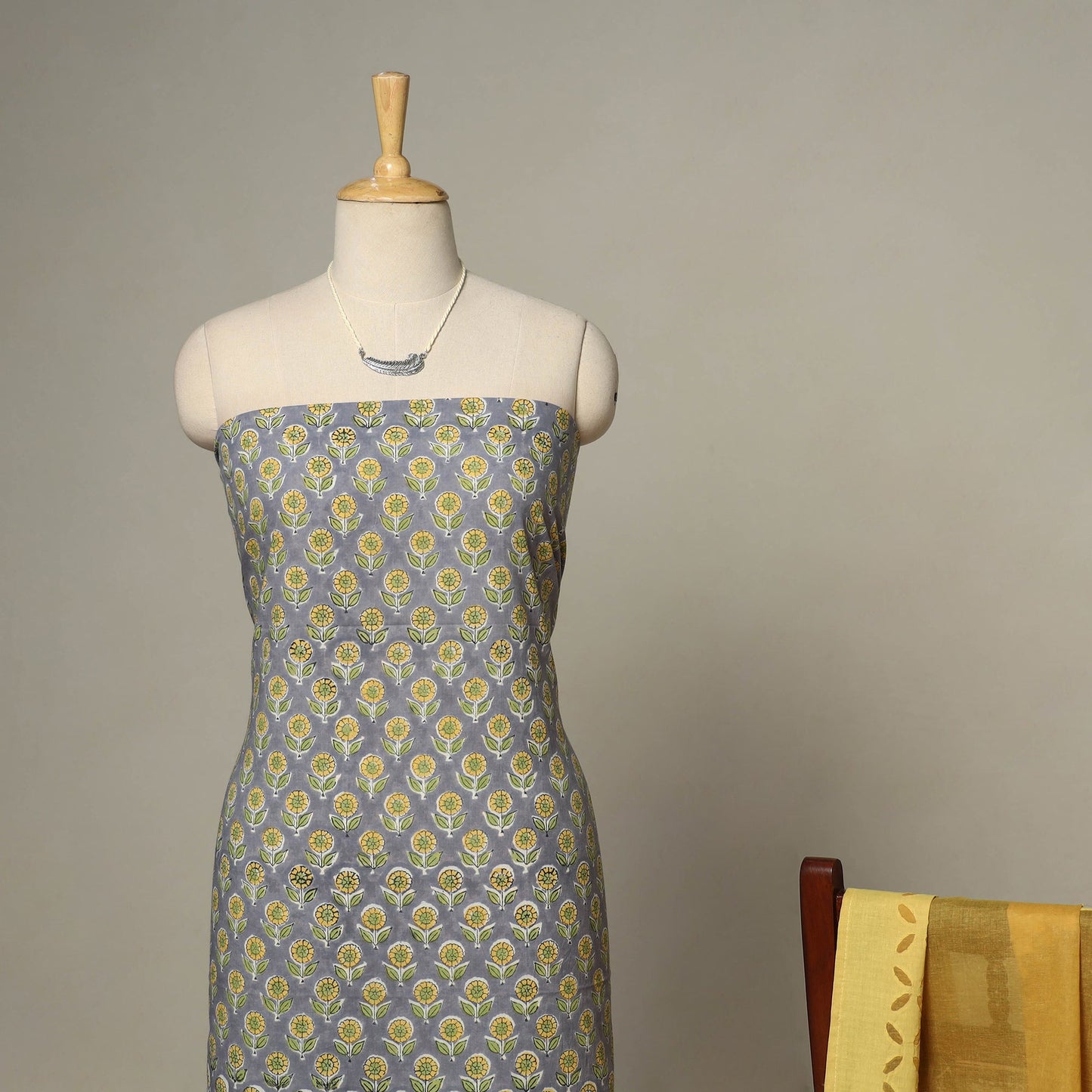 Grey - 2pc cotton unstitched sanganeri dress material