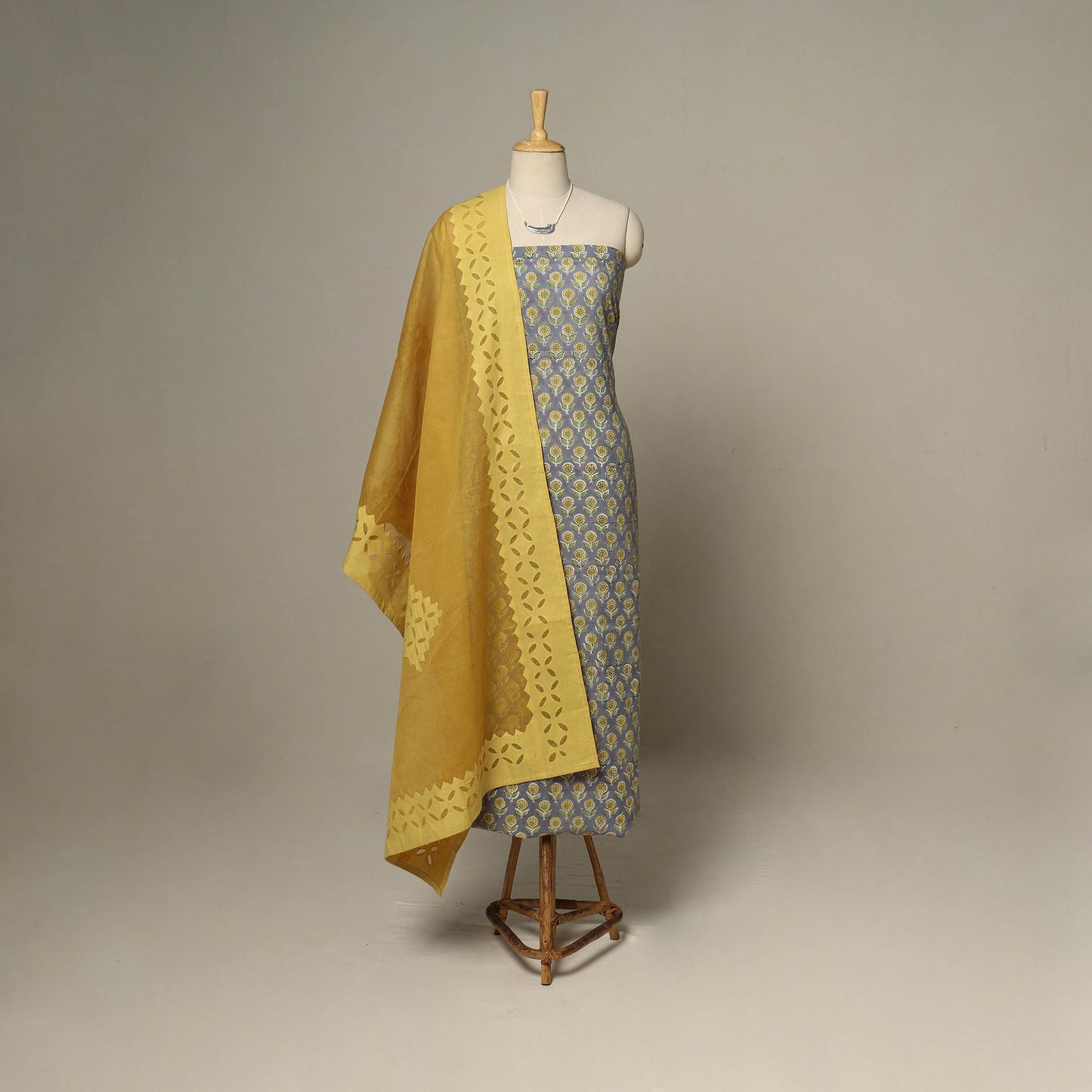 Grey - 2pc cotton unstitched sanganeri dress material