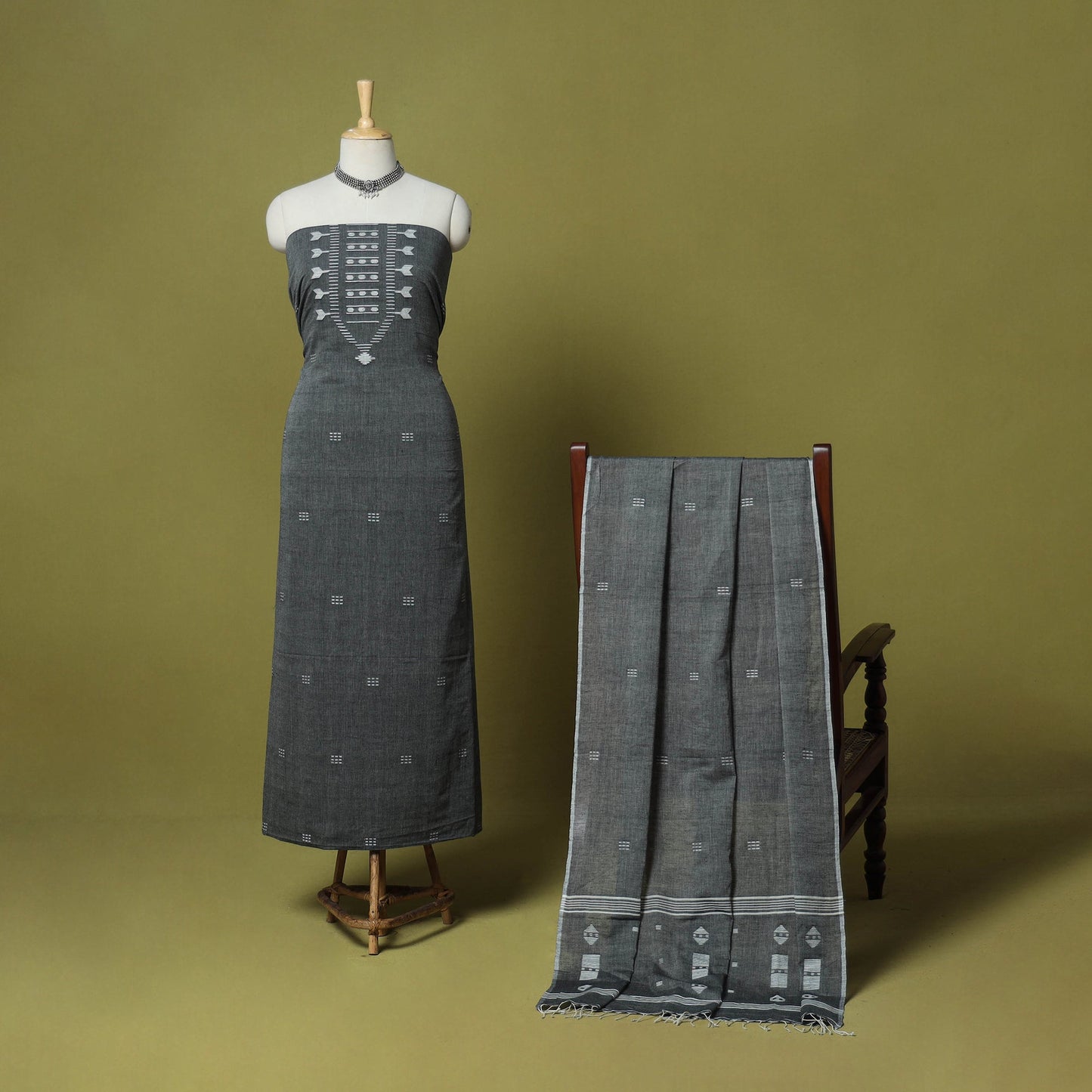 Grey - 2pc handloom cotton unstitched burdwan jamdani dress
