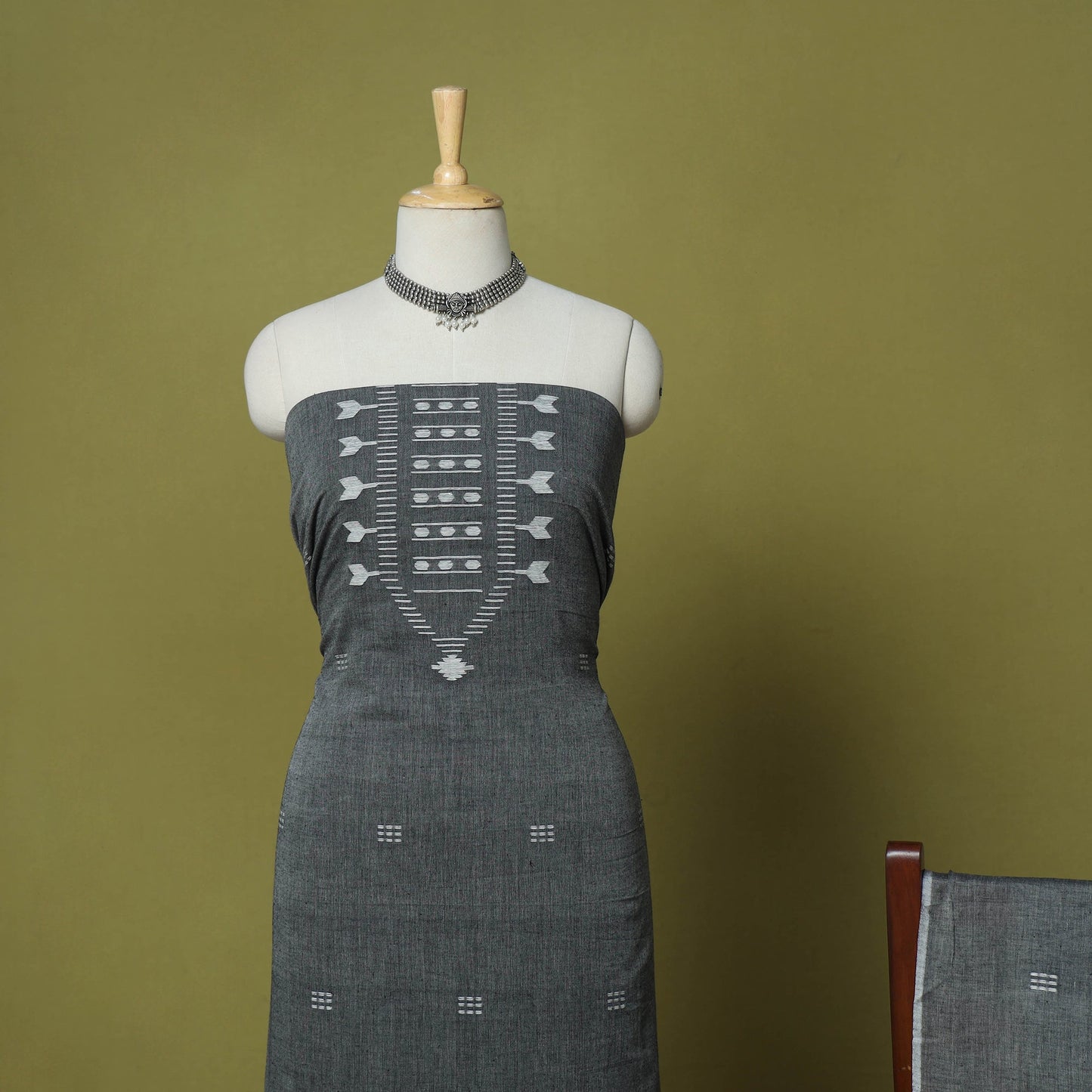 Grey - 2pc handloom cotton unstitched burdwan jamdani dress