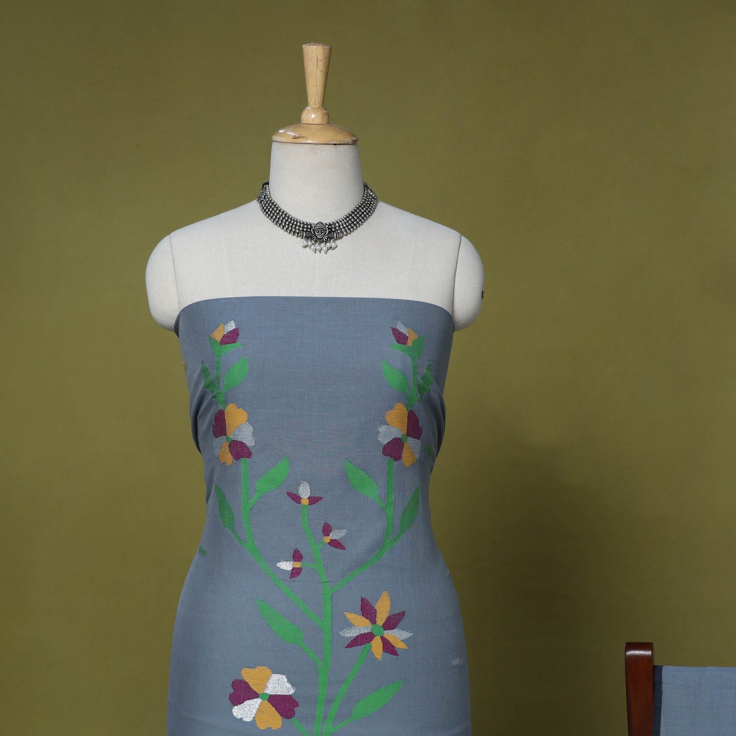 Grey - 2pc handloom cotton unstitched phulia jamdani dress