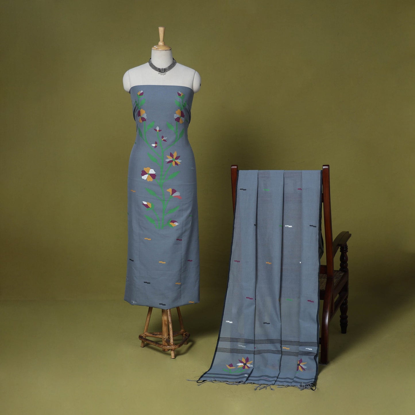 Grey - 2pc handloom cotton unstitched phulia jamdani dress