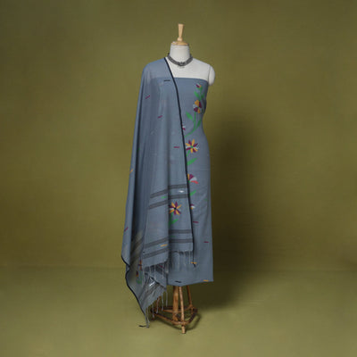 Grey - 2pc handloom cotton unstitched phulia jamdani dress