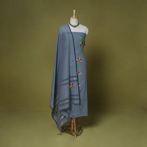 Grey - 2pc handloom cotton unstitched phulia jamdani dress