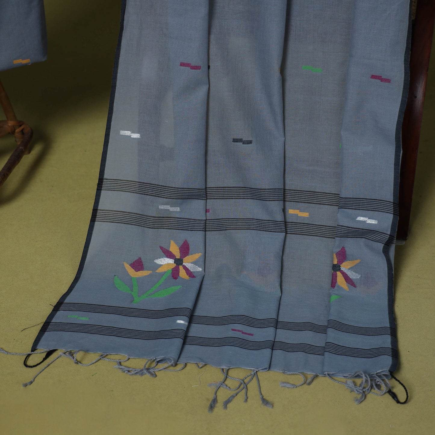 Grey - 2pc handloom cotton unstitched phulia jamdani dress