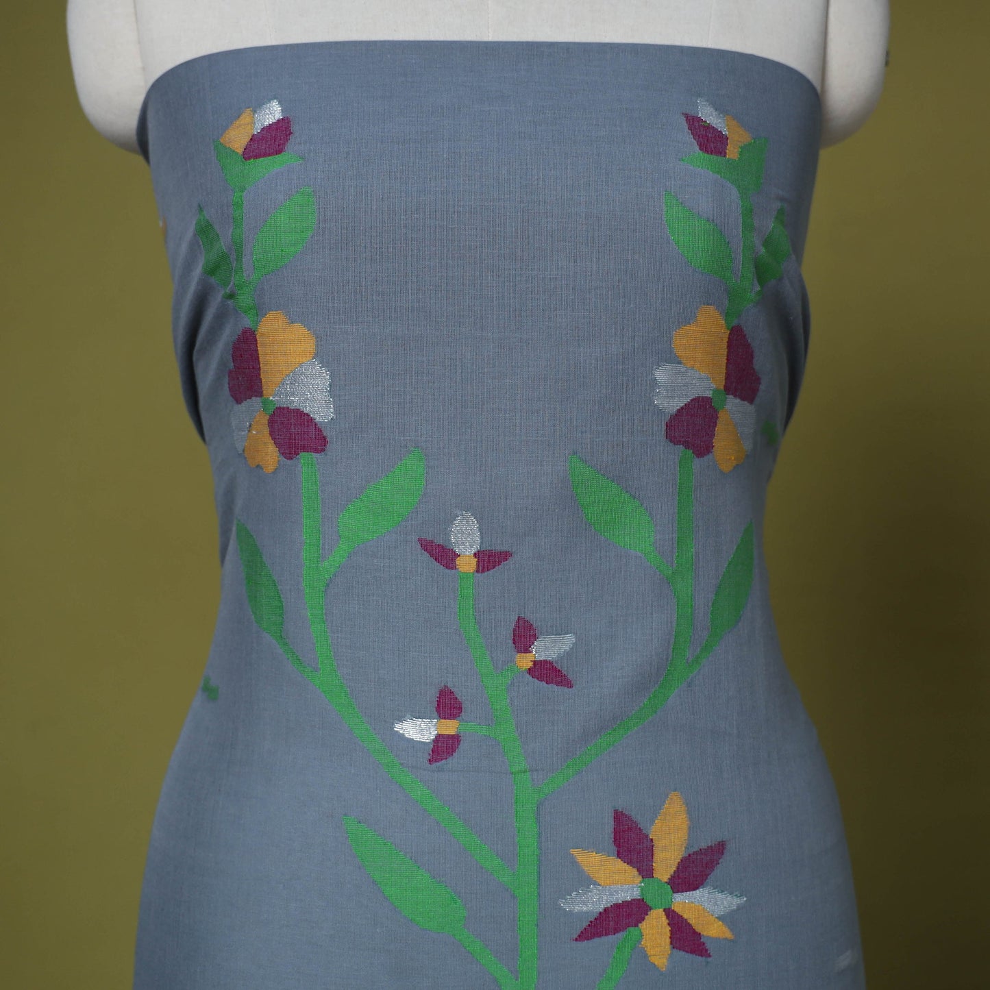 Grey - 2pc handloom cotton unstitched phulia jamdani dress