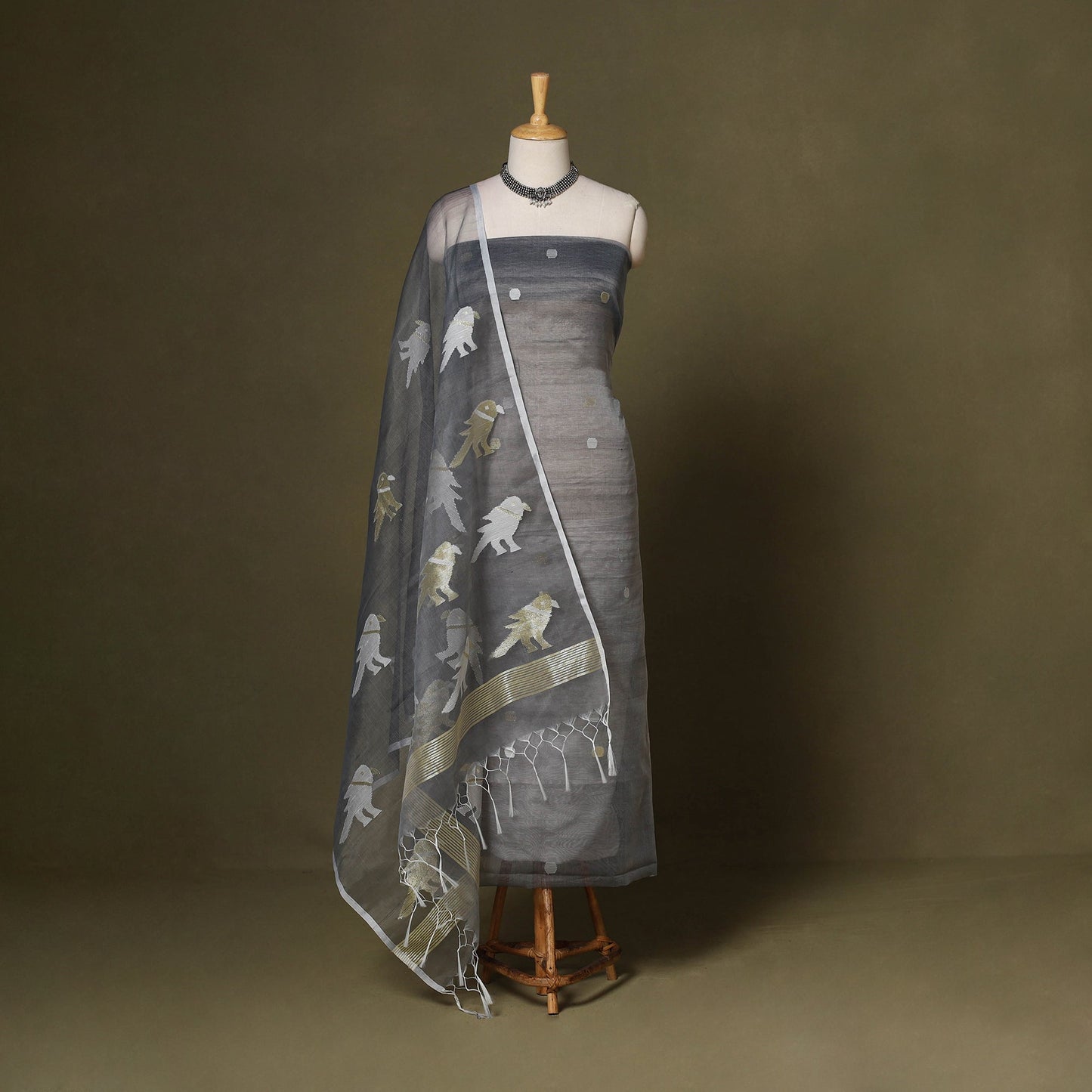 Grey - 2pc handloom mulberry silk unstitched phulia jamdani