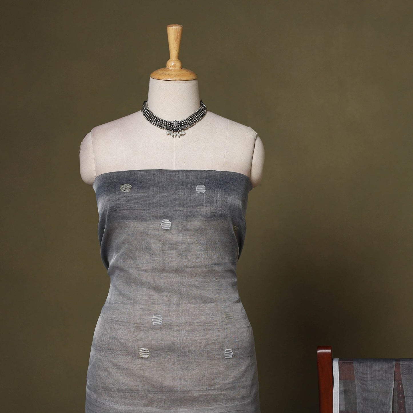 Grey - 2pc handloom mulberry silk unstitched phulia jamdani