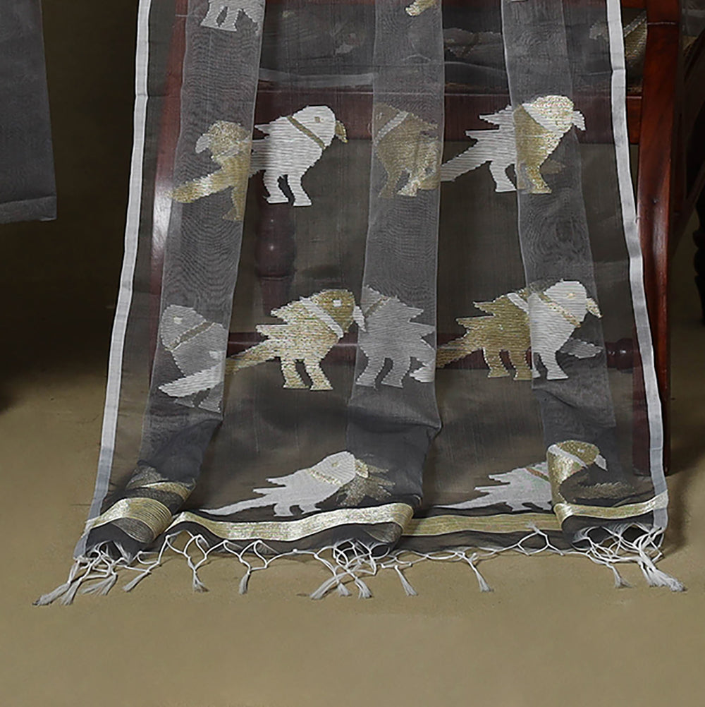 Grey - 2pc handloom mulberry silk unstitched phulia jamdani