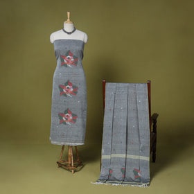 Grey - 2pc handloom silk cotton unstitched phulia jamdani