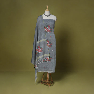 Grey - 2pc handloom silk cotton unstitched phulia jamdani