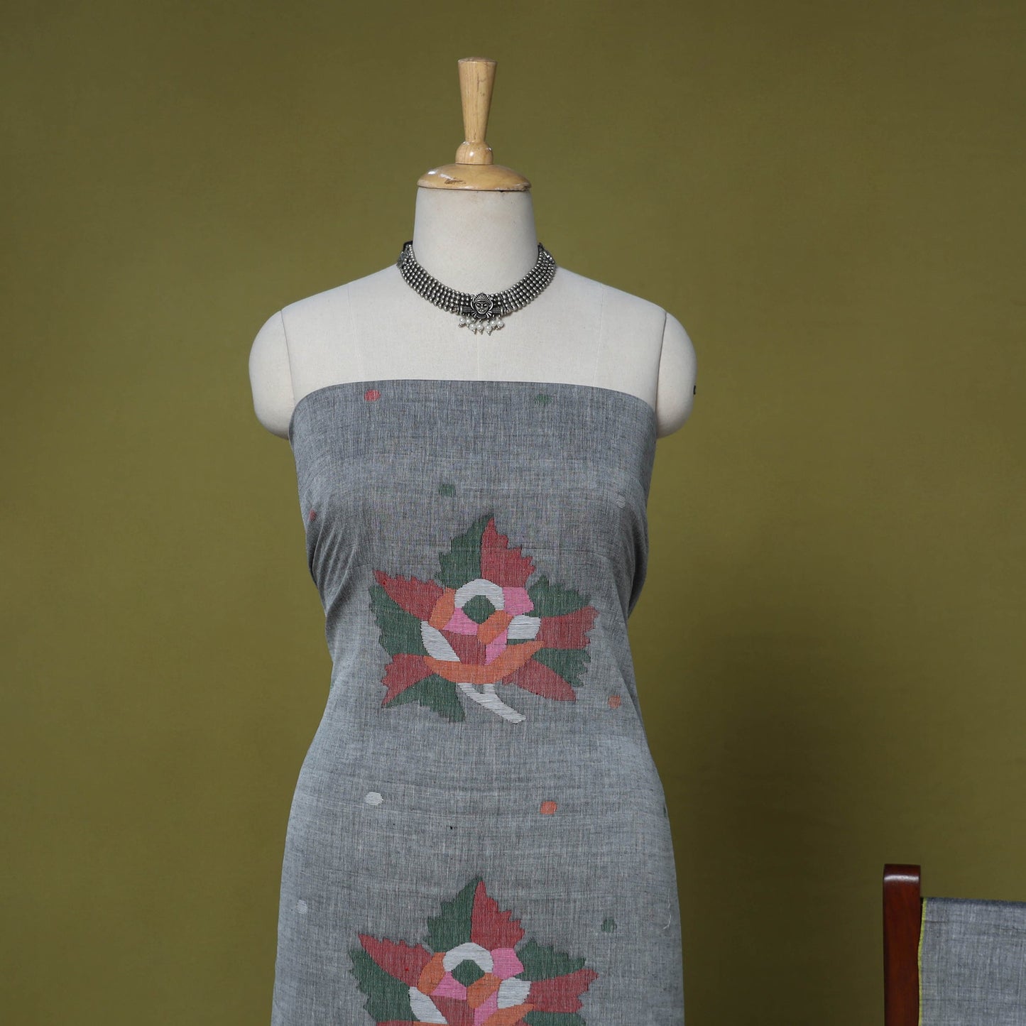 Grey - 2pc handloom silk cotton unstitched phulia jamdani