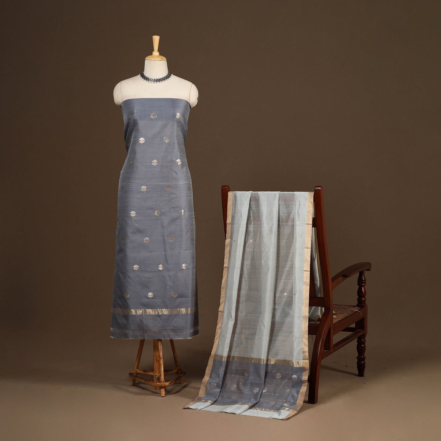 Grey - 2pc handloom zari buta unstitched chanderi silk