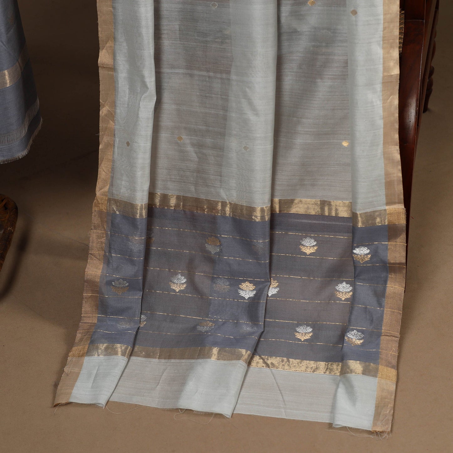 Grey - 2pc handloom zari buta unstitched chanderi silk