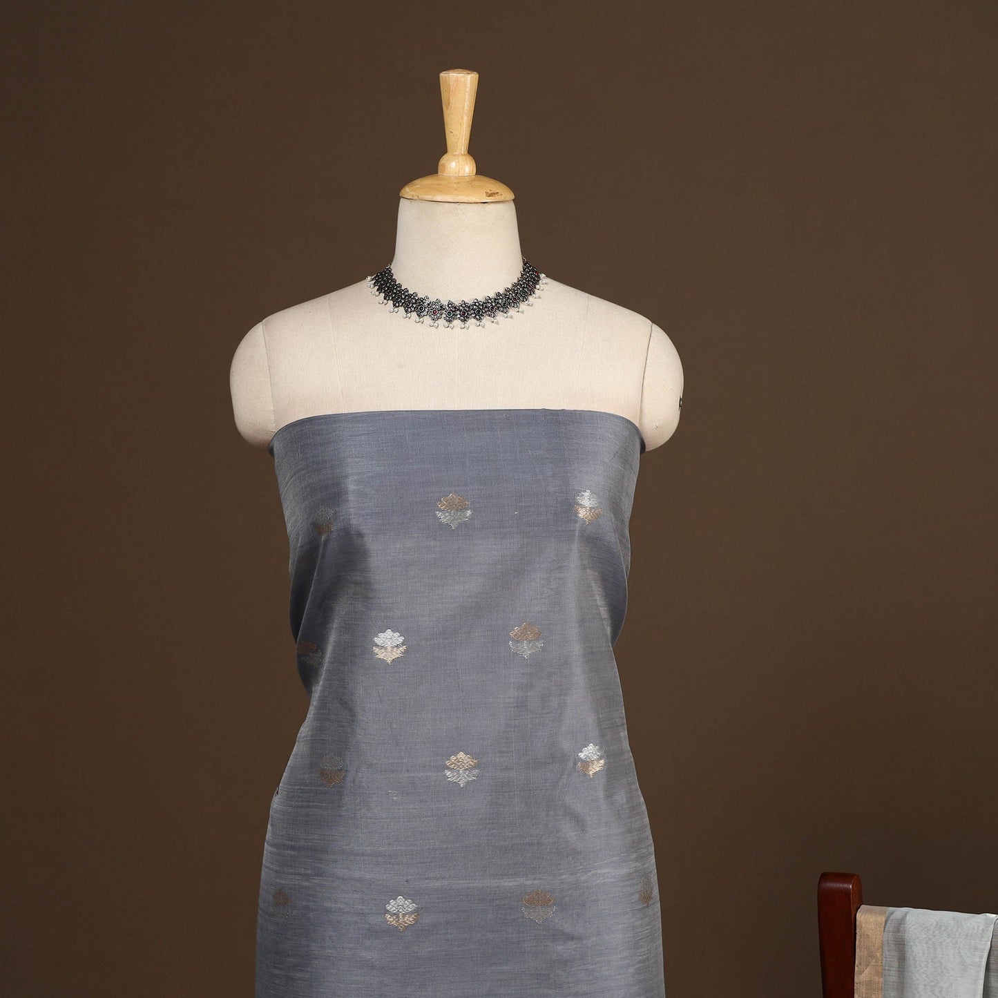 Grey - 2pc handloom zari buta unstitched chanderi silk