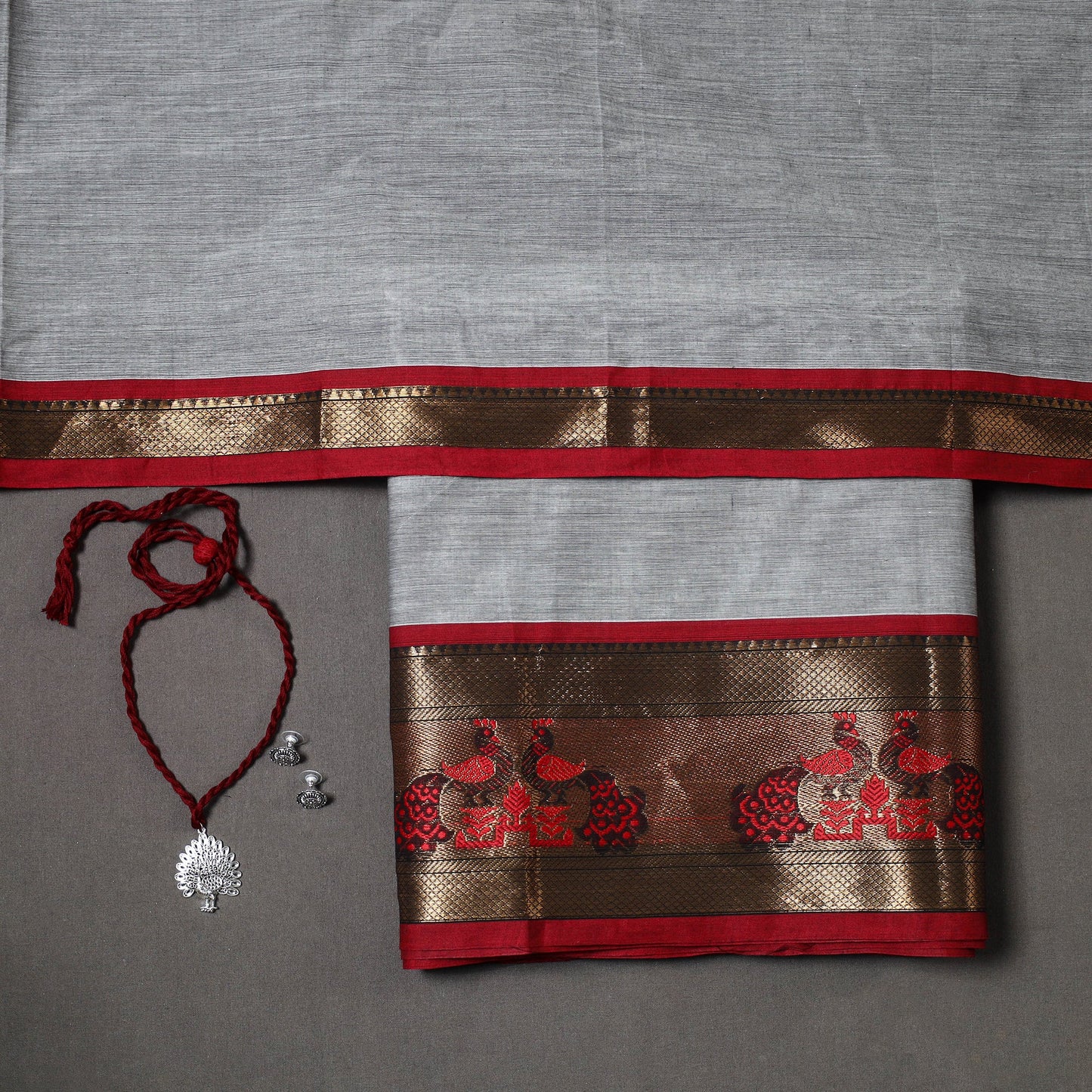 Grey 2pc Kandangi Chettinad Dress Material with Jewellery Set