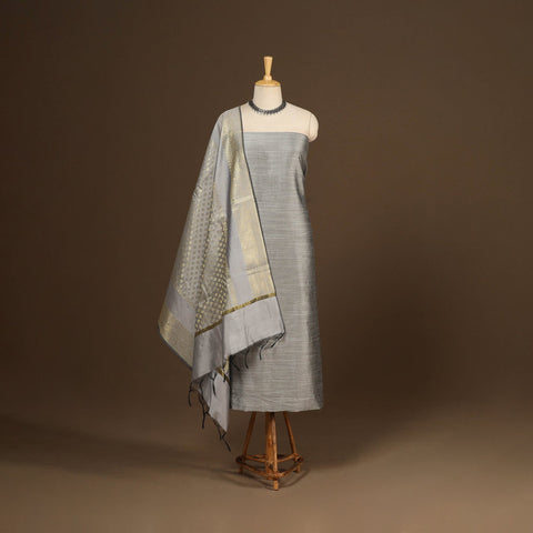Grey - 2pc slub silk unstitched plain dress material