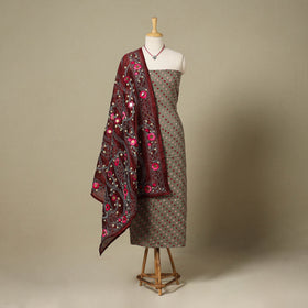 Grey 2pc Unstitched Bandhani Dress Material with Jewellery Set