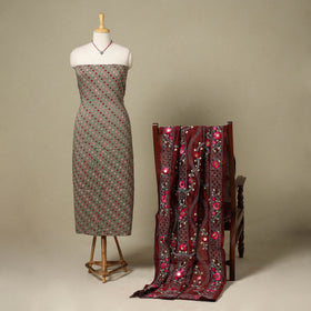 Grey 2pc Unstitched Bandhani Dress Material with Jewellery Set