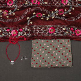 Grey 2pc Unstitched Bandhani Dress Material with Jewellery Set