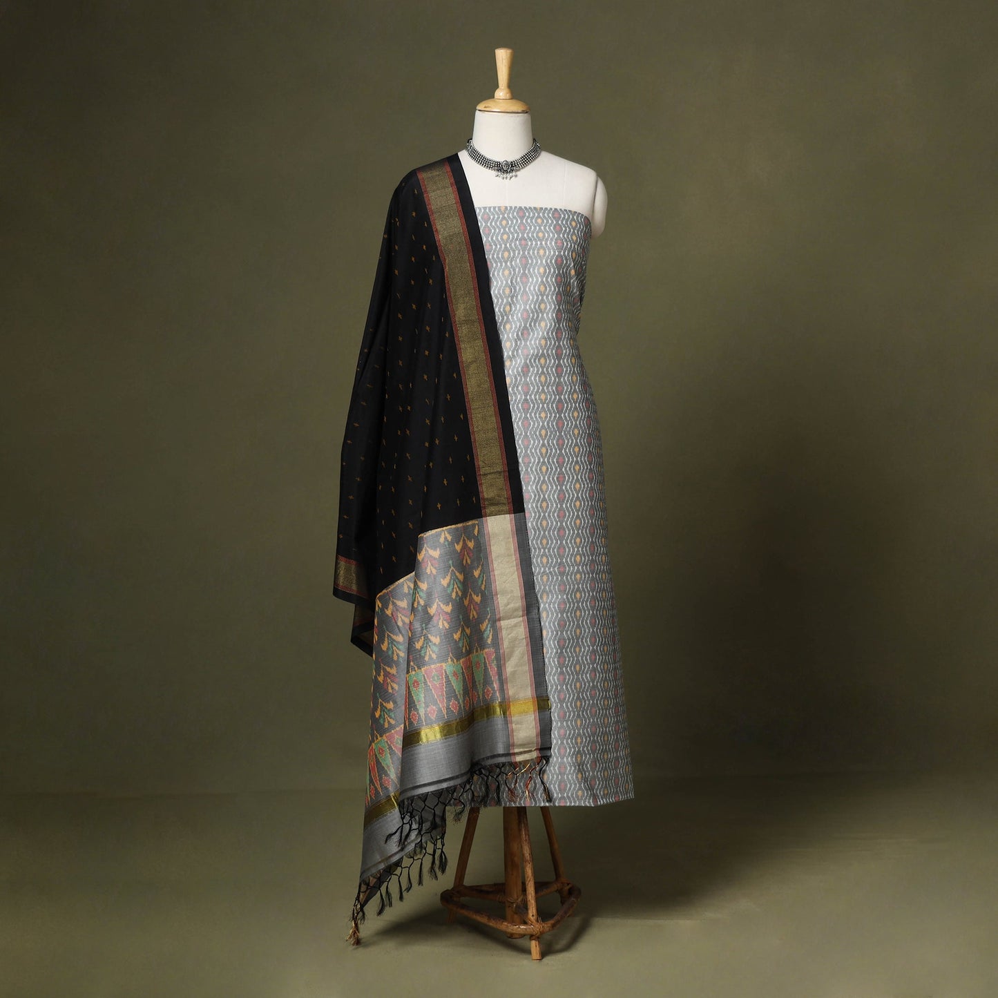 Grey - 2pc unstitched handloom sico pochampally ikat dress