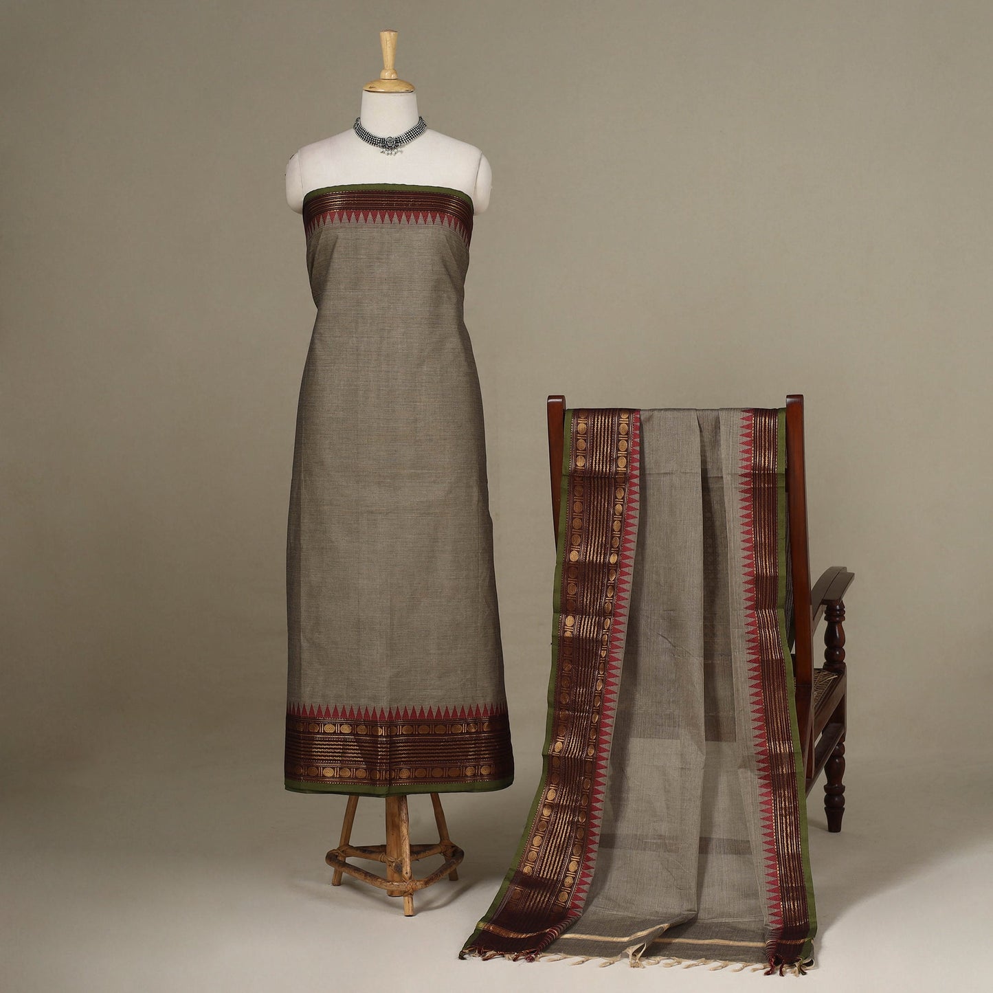 Grey - 2pc unstitched kandangi chettinad cotton dress